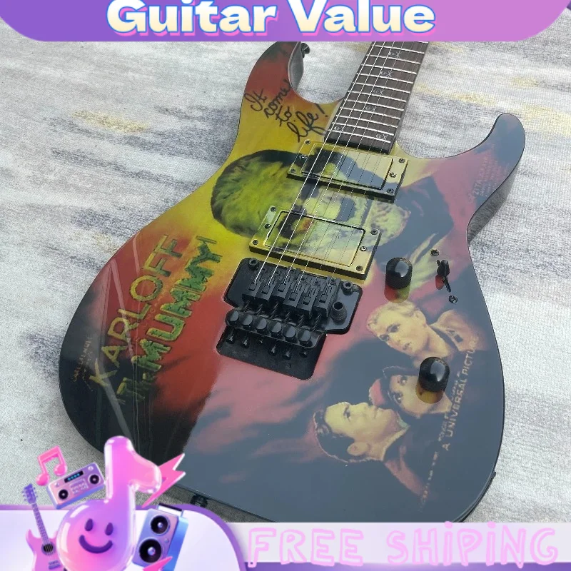 Mummy Theme Retro Old Film Graphic Electric Guitar Two Gold Covered Floating Tremolo Bridge For Rock Performance Free Shipping