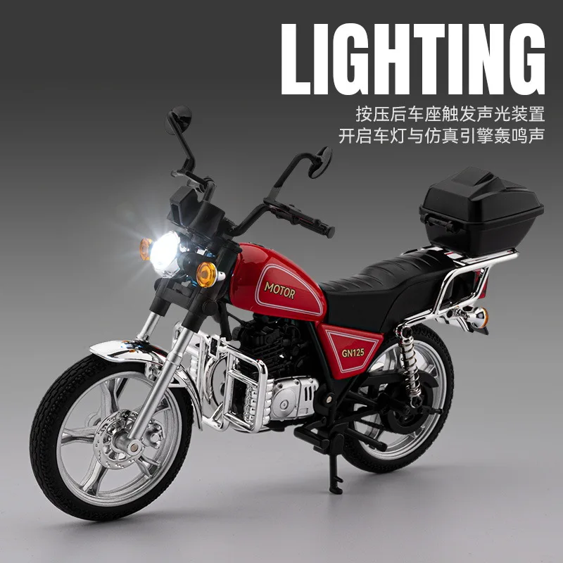 

1:12 GN125 Мотоцикл из сплава, литая под давлением модель, звук и свет, детские игрушечные автомобильные украшения, модное украшение с другом