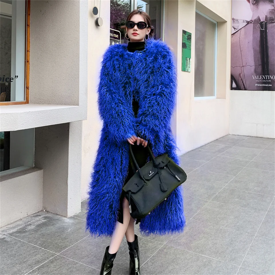 Luksusowy płaszcz z futra jagnięcego dla kobiet 2024 Winter Ladies Mob Wife Style Oversized Chunky Round Neck Faux Wool Fur Jacket Overcoat