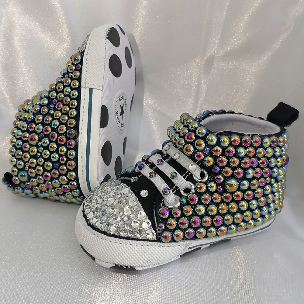 Handmade Bow Pearl Rhinestones Baby Girls Boys Shoes First Walker Sparkle Christmas Mermaid Crystals Princess Shoes Shower