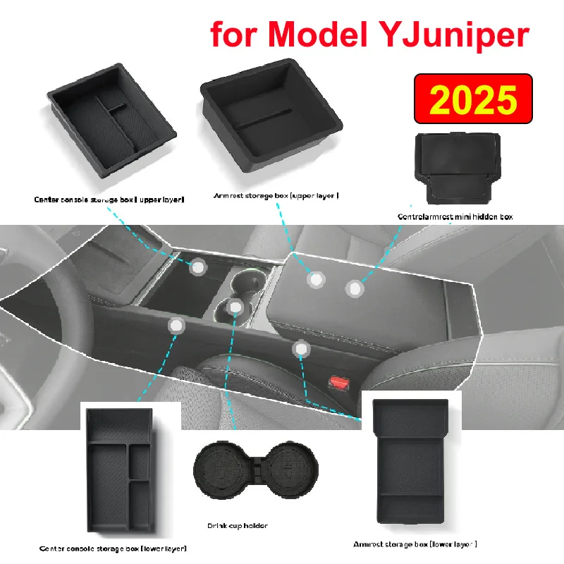 Für Tesla New Model Y Launch 2025, Wacholderkonsole, Armlehne oben und unten, versteckte Aufbewahrungsbox, Wasserbecherhalter, Organizer-Zubehör