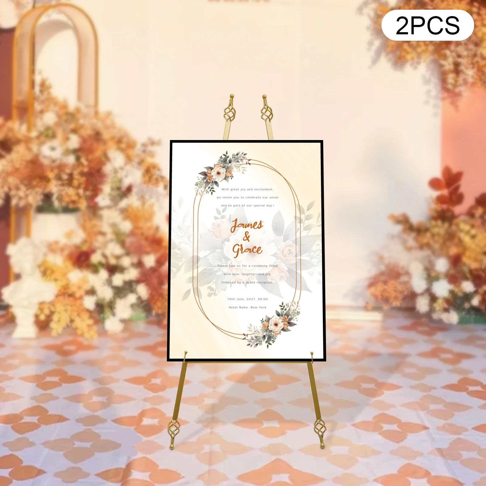 2Pcs Wedding Crown Top Display Easel Stand Golden Steel Poster Holder with Adjustable Chain & 6 Holes Hooks for Art Show Commercial Promotion