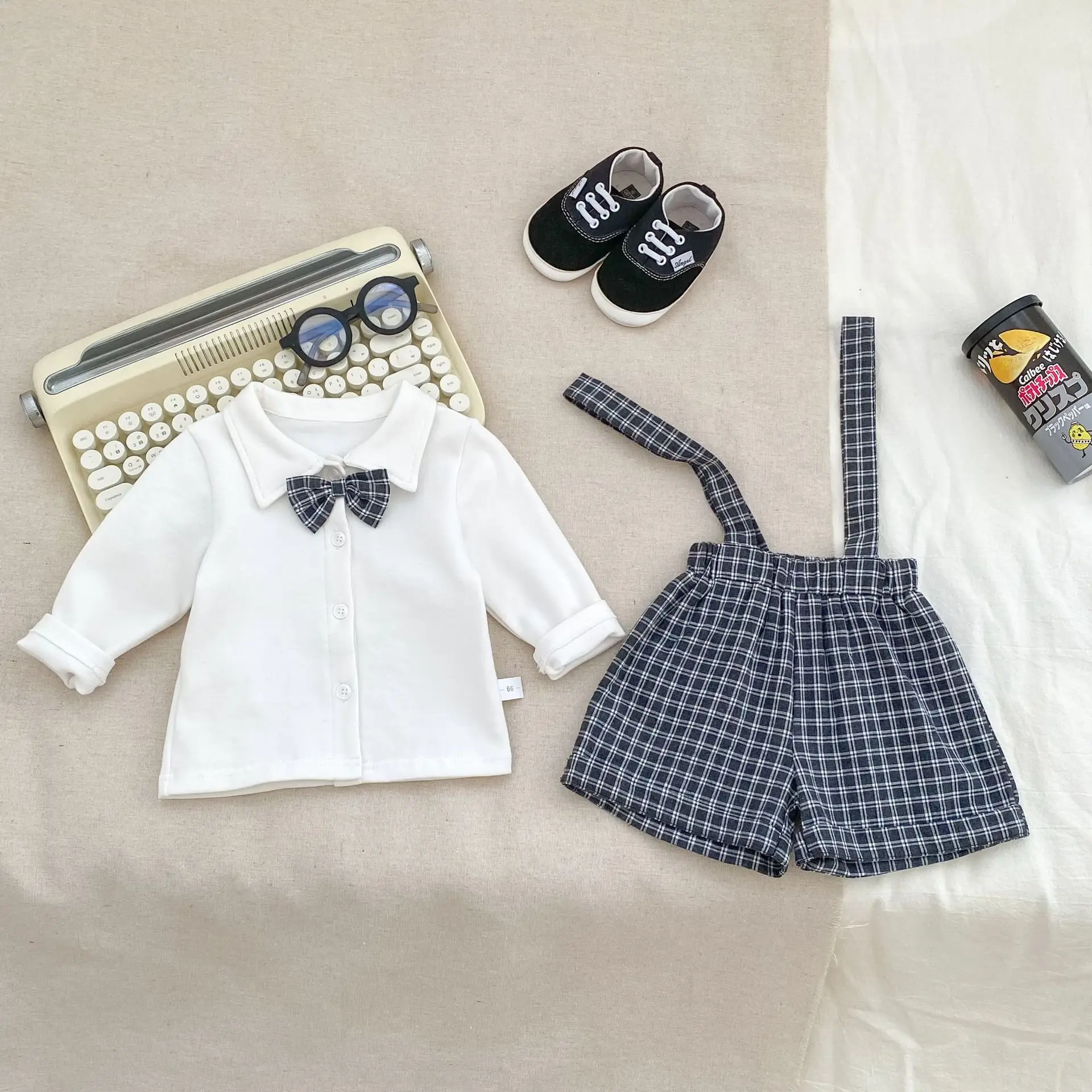 2025 Infant Toddler Casual Outfits Autumn New Baby Long Sleeve Clothes Set Boys Bow Lapel Shirts + Plaid Strap Shorts 2pcs Suit