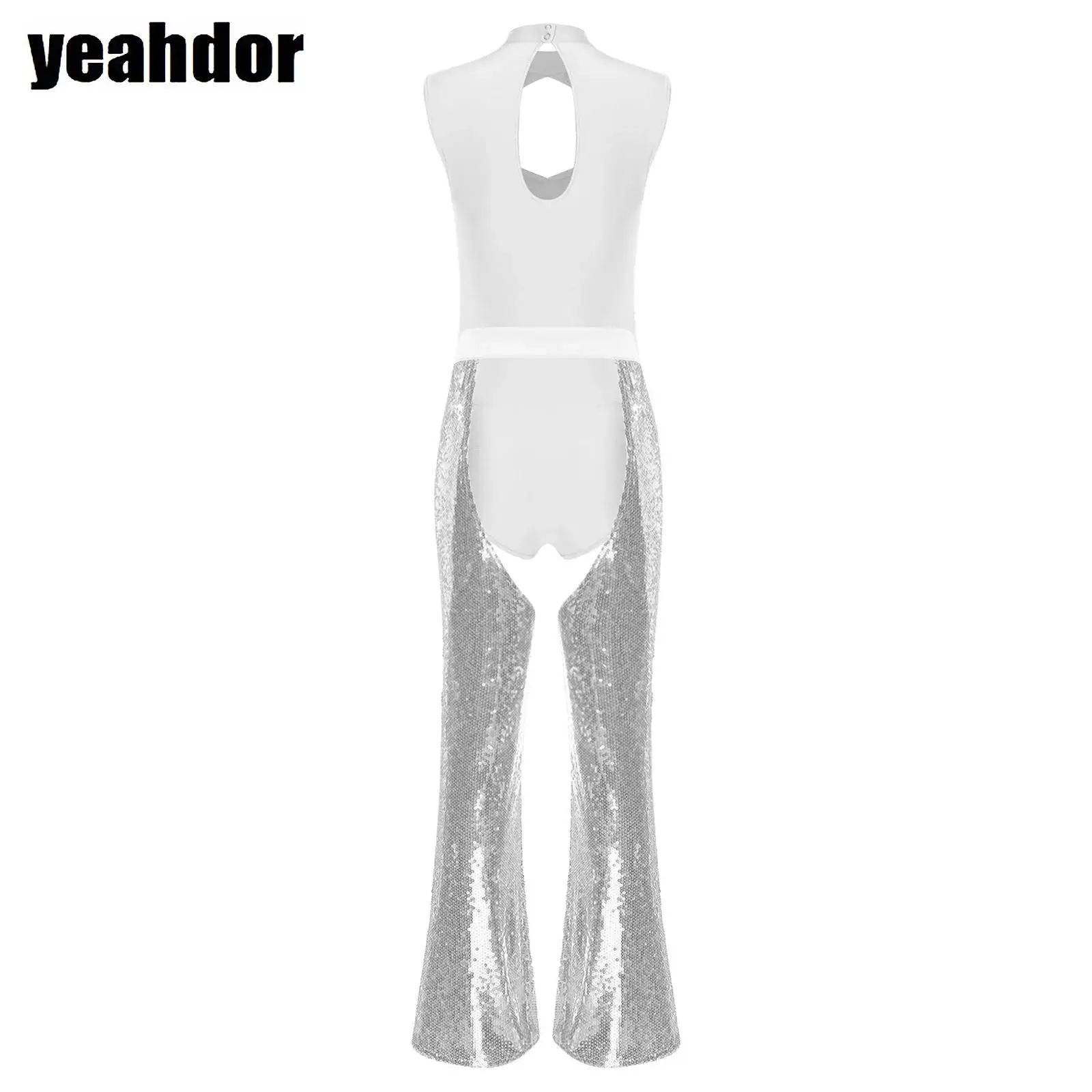 

Women Tassel Sequin Bodysuit Sleeveless Hollow Out Jazz Dance Jumpsuit with Chaps Flared Pants Halloween Club Raves Party Wear