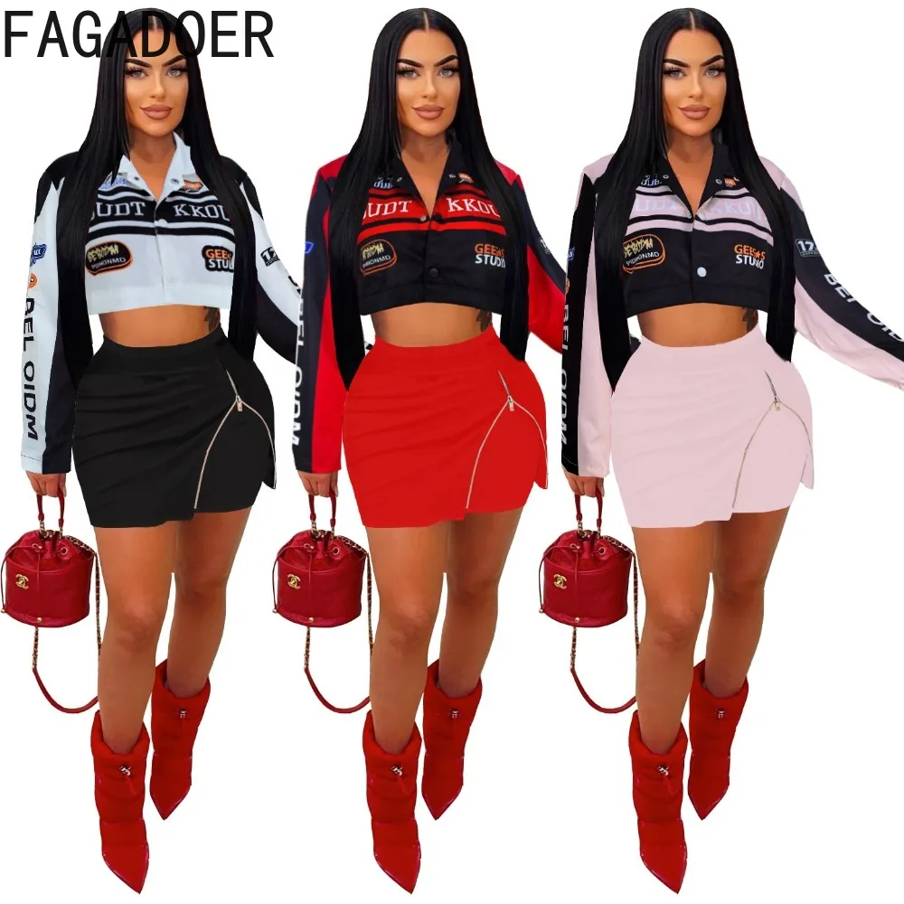 

FAGADOER Spring Fashion Baseball Jacket Two Piece Sets Women Letter Print Long Sleeve Crop Top And Mini Skirts Outfit Streetwear