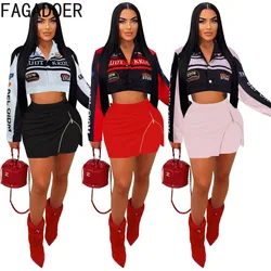 FAGADOER Spring Fashion Baseball Jacket Two Piece Sets Women Letter Print Long Sleeve Crop Top And Mini Skirts Outfit Streetwear