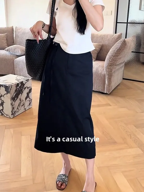 Summer Casual High Waist A-Line Midi Skirt for Pear Shaped Women plus Size Slimming Elastic Waist Straight Split Half Body Skirt
