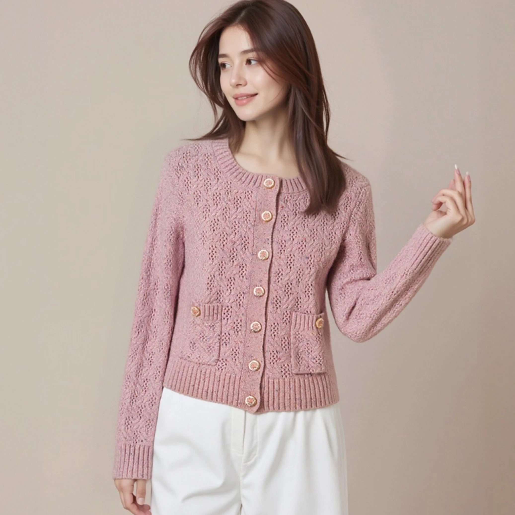 

Осень и зима, розовый цвет, пряжа в горошек, полый вязаный свитер с двойным карманом и длинными рукавами, кардиган, женский трикотаж