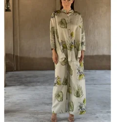 Two Pieces Women Set Print Blouse Buttons Shirt Wide Leg Pants Suit Morocco Dubai Islam Casual Ensemble Femme Arabic Outfits