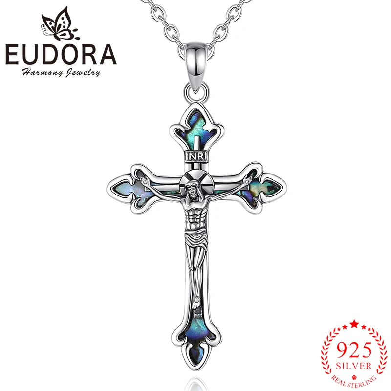 

Eudora Crucifix Cross Necklace 925 Sterling Silver Abalone Shell Jesus Pendant Christian Jewelry Religious Gift for Men Women