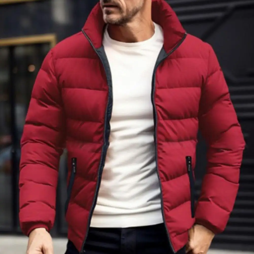 Down Coat with Full Zipper Closure Men's Stand Collar Down Coat with Side Zipper Pockets Solid Color Full for Outdoor for Long