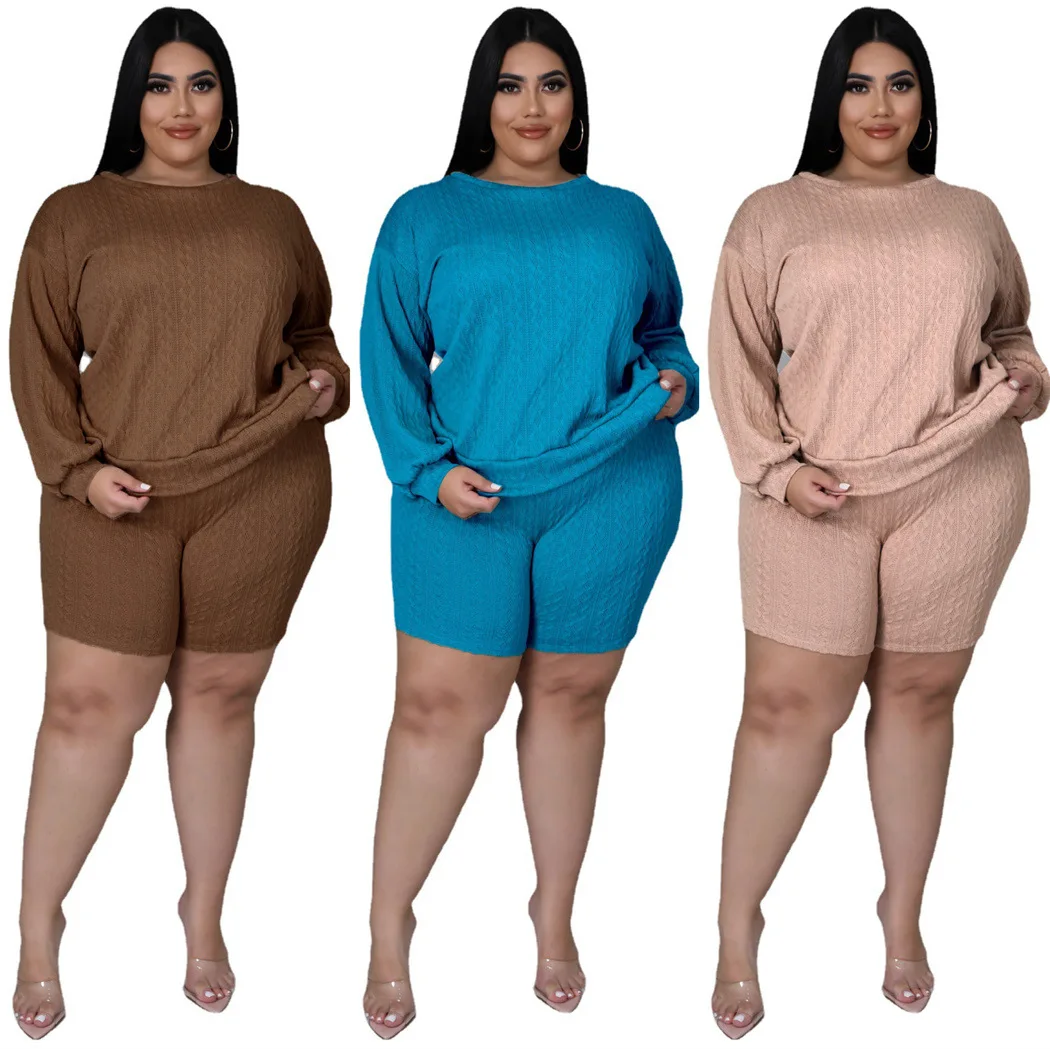 

Summer Women's Suit Fashion Solid Color Casual Long Sleeve Top Shorts Plus Size Two Piece Set Tracksuits 2 Pieces Outfit