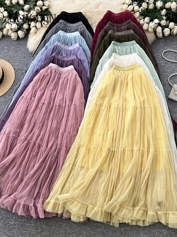 

Beiyingni Fairy Mesh Maxi Skirt Women Simple Solid Color Spring Summer Korean Elegant A-line Skirts Lady Sweet Ruffles Tutu Jupe