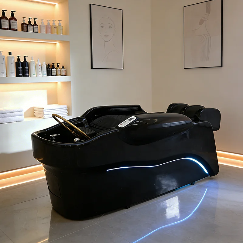 qk-Hot Sale Barbershop Furniture Black Fiberglass Frame Electric Massage Shampoo Bed Modern Head Spa Washing Bed with Lights@