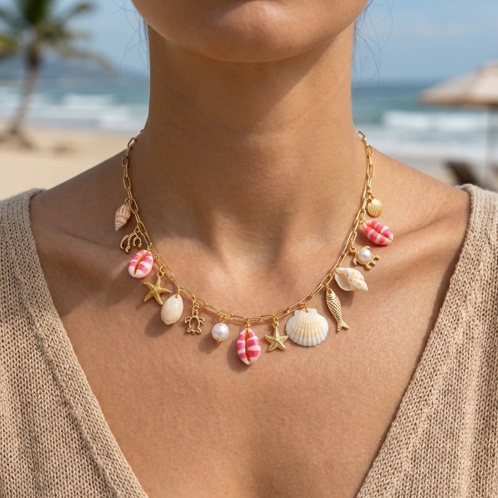 Bunte Muschel-Anhänger-Halskette für Damen, Bohemian Ocean Serie, Fisch, Seestern, Muschel, Schildkröte, Sommer-Schmuck – Detail 3