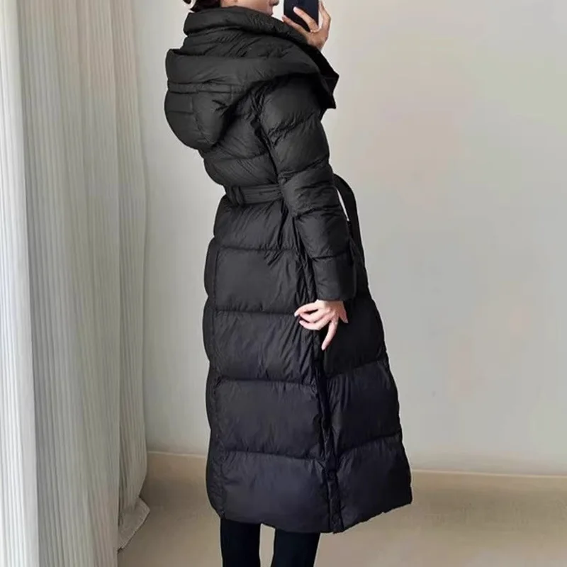سترة شتوية طويلة رفيعة الخصر، معطف سميك أسود بقلنسوة، معاطف بينغهو النسائية الراقية 90% بطة بيضاء #1
