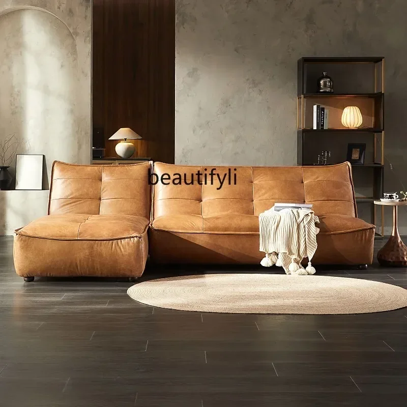 

FC Nordic modern simple retro oil wax leather living room leather three-person corner sofa combination