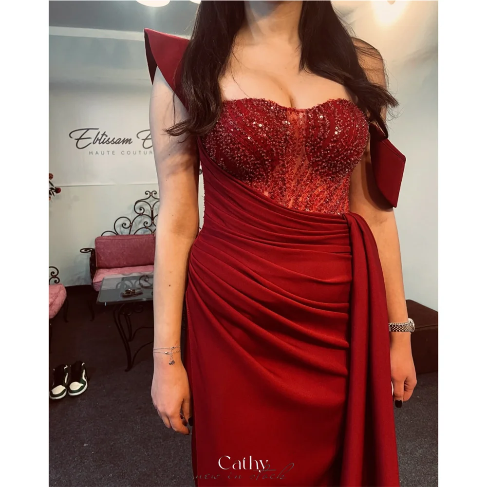 

Cathy Burgundy Off Shoulder With Beads Scoop Neck Prom Dress Asymmetrical Pleated vestidos de noiva Customized Evening Dresses
