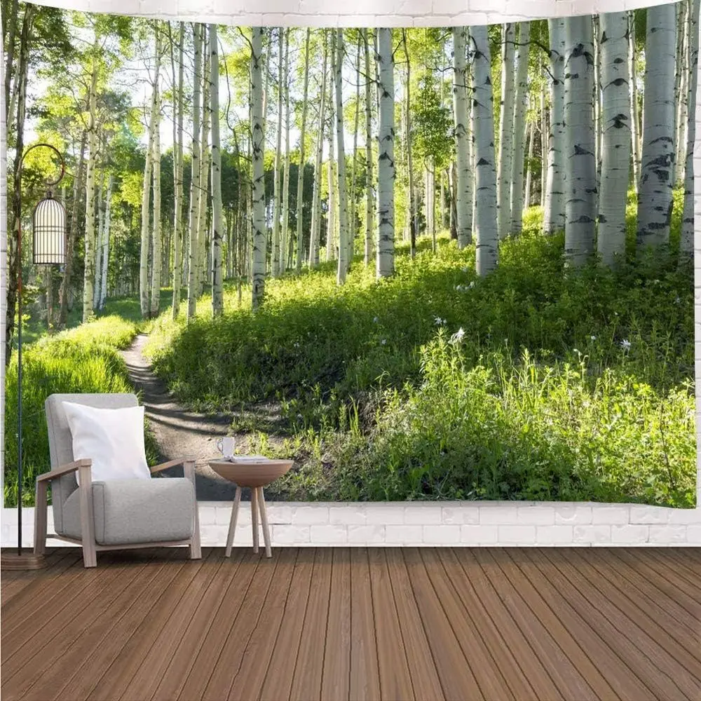 

YISURE Forest Wall Tapestry Nature Tree Trail Path Landscape, Morning Sunshine Through Green Tree Wall Hanging, 91(W) x71(L) Inc