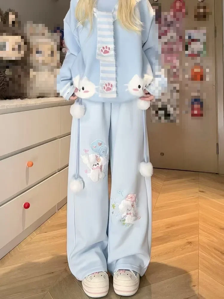 

Japanese Cute Puppy Embroidery Lace Spliced Long Pants Women 2025 Autumn Winter Casual Loose Versatile Y2k Streetwear