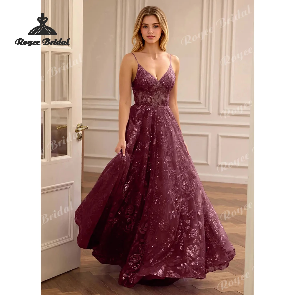 Pailletten-Stickerei, florales A-Linien-Abschlussballkleid 2026, Abendkleider mit V-Ausschnitt, elegante Festkleider, maßgeschneidertes Abschlussballkleid