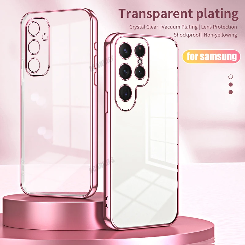 S 24 23 22 21 Luxury Plating Transparent Case For Samsung Galaxy S24 S23 S22 S21 Fe Plus Ultra 5g Silicone Back Cover S23fe