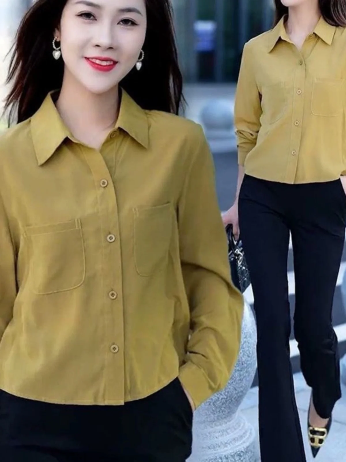 プラスサイズの女性用シャツ、韓国風ルーズフィット、ボタン付き長袖、ネックカラー、カジュアルトップス、オフィスウェアに最適 1