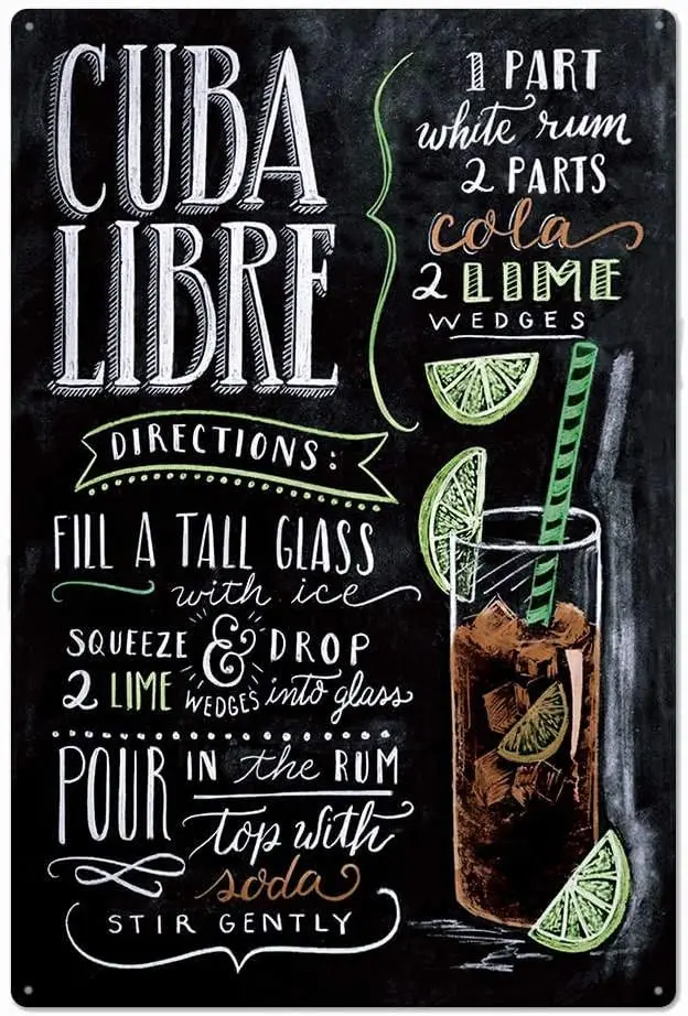 Original Vintage Design Cuba Libre Cocktail Recipe Tin Metal Signs Wall Art, Thick Tinplate Print Poster Wall Decoration Bar/Kit