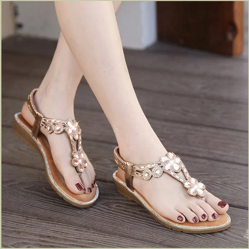 2024 Summer Women 1cm Platform 2.5cm Wedges Low Heels Sandals Lady Glitter Lightweight Beach Sandles Diamond Female Flats Shoes