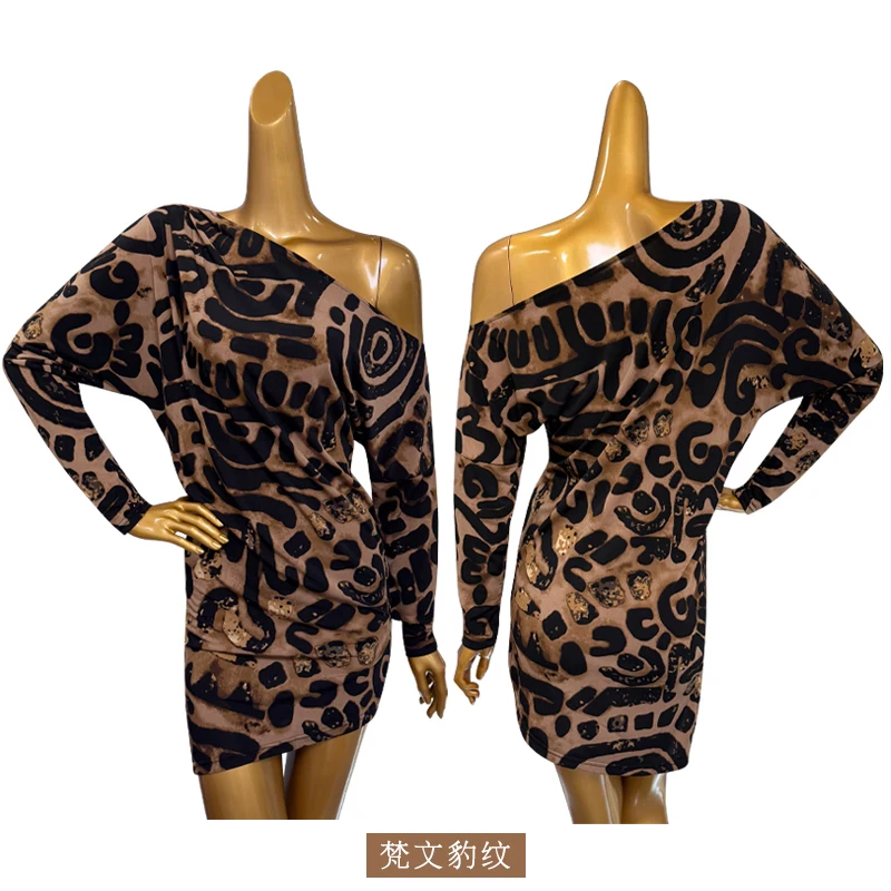 2023 neue Latin Dance Kleid Für Frauen Lange Ärmeln Schräge Schultern Lose Fit Kleid Chacha Rumba Tango Praxis Kleidung DQS21035