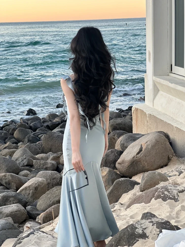 Jielur 우아한 새틴 스트랩 미디 원피스 여성용 빈티지 캐주얼 이븐 파티 드레스, 퓨어 컬러 원피스 원피스, 한국 패션, 여름