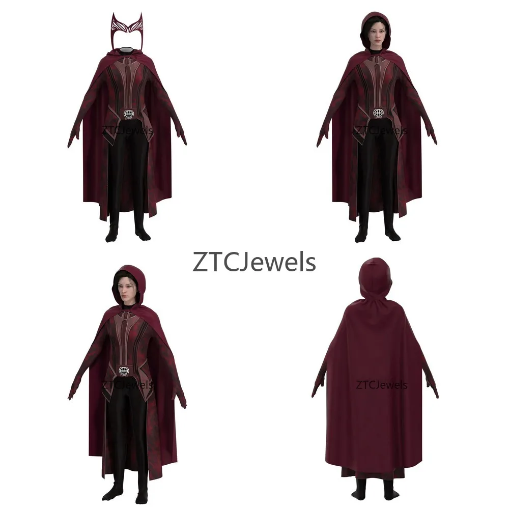 Scarlet Witch Cosplay-Kostüm Wanda Maximoff Roter Umhang Overall mit Kopfbedeckung Halloween-Party-Outfit