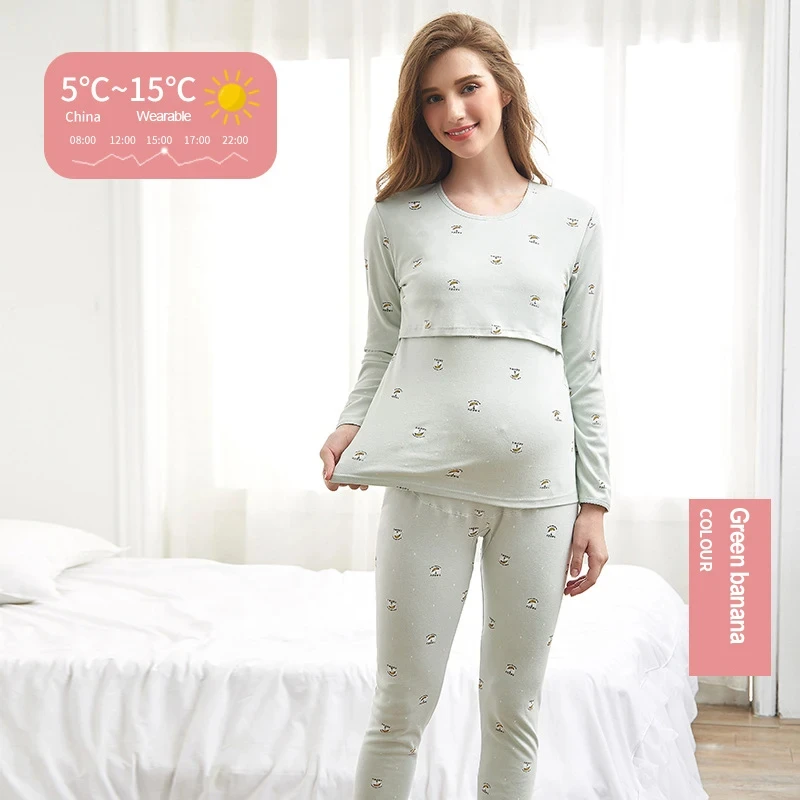 2Pcs Set Nursing Nightgown Pregnant Women Pajamas Long Sleeve Pregnant Maternity Sleepwear