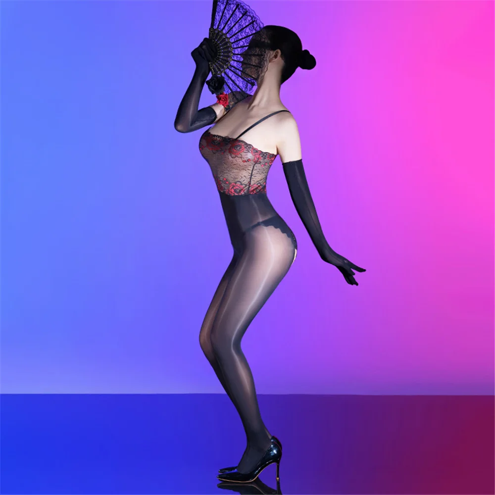 

1Pc Sexy Women Lace Oil Glossy Shiny Bodysuits Elastic Tights Rompers Sheer Shaping Jumpsuits Open Crotch Maid Cospaly Leotard