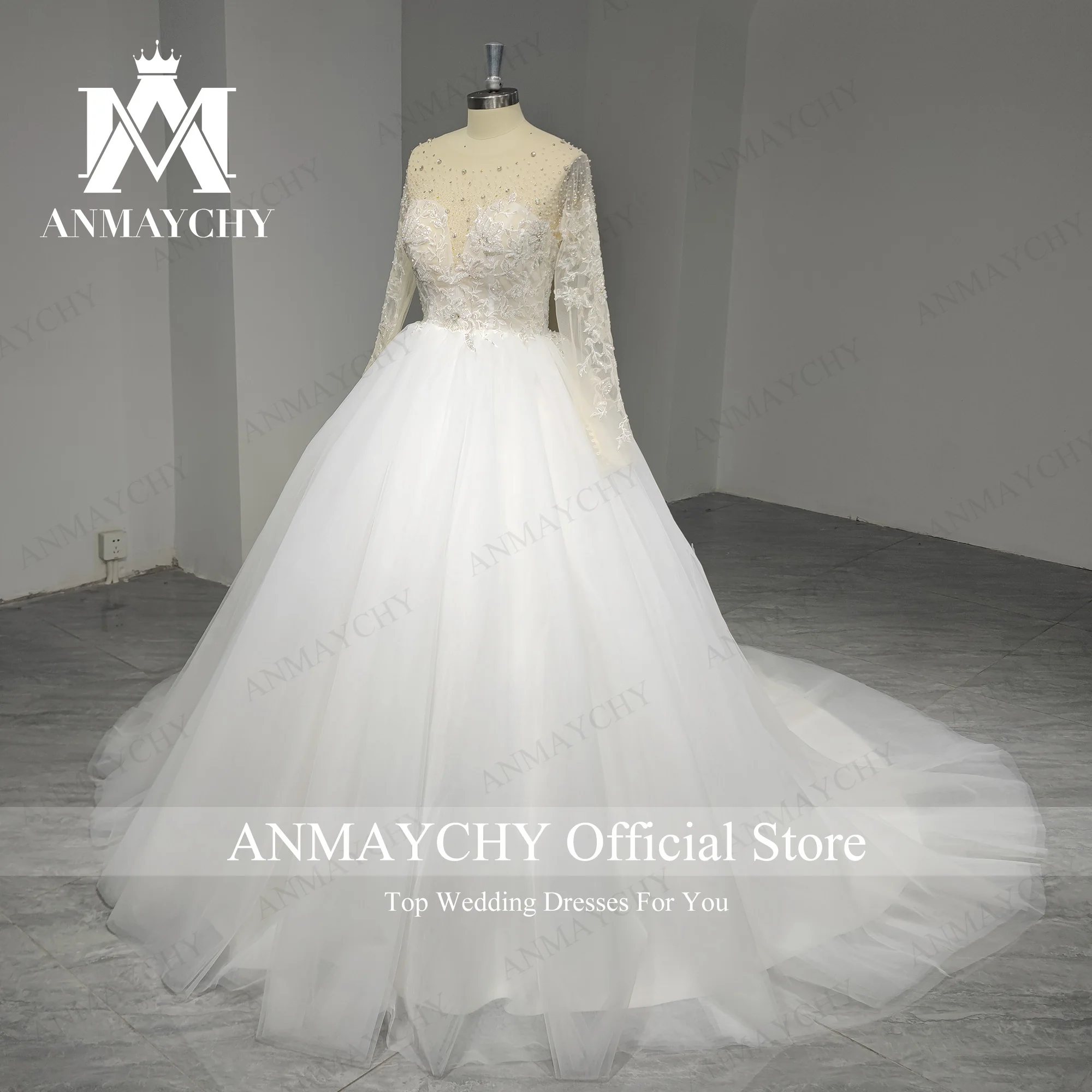 ANMAYCHY A-Line Wedding Dresses For Women 2023 Long sleeve Sweetheart Appliques Pearls Real Show Wedding Gown Vestido De Novia