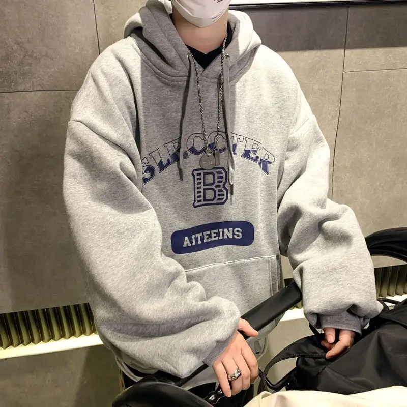 

Pure cotton men's hooded sweatshirt student Hong Kong style trendy loose bf lazy style velvet thickened jacket new style y2k top
