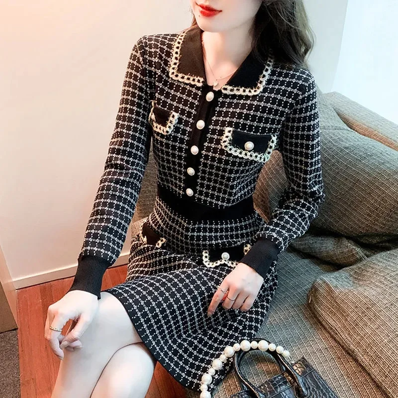 Autumn Winter Female Knit Sweater Dress Korean Ladies Fashion Knitted Maxi Dress Women Houndstooth Long Sleeves Long Dresses