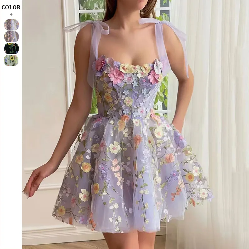 

Women'S Fashion Three-Dimensional Flower Embroidery Hip Hugging Sexy Suspender Dress