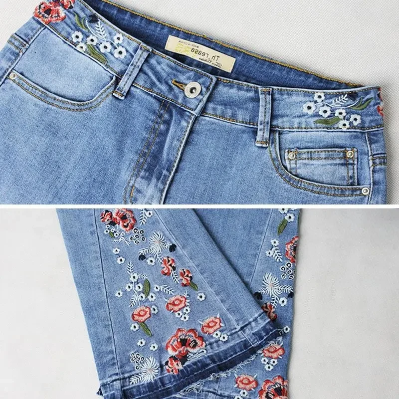 Corne brodée jean pour femmes été couleur claire élastique taille haute mince Denim pantalon femme pantalon décontracté JJ925