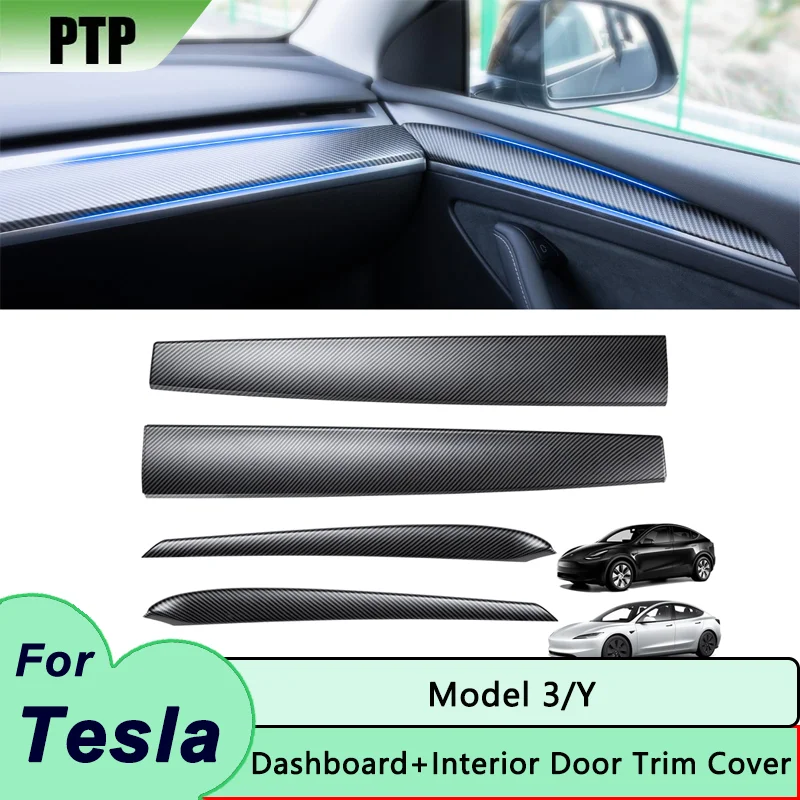 Model Y 2024 Dashboard Strip Cover and Door Trim Panel Dash Trim for Tesla Model 3 Carbon Fiber Protector Cover Car Accessories