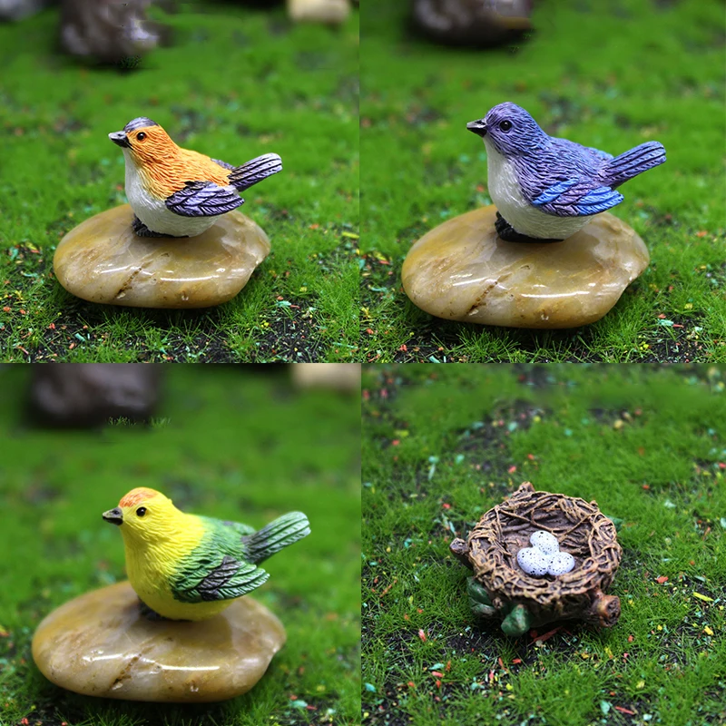 Birdie Figurines Micro Landscape Ornaments, Bird's Nest, Bird Eggs, Mini Jardinagem, Bonsai, Simulação Modelo, Dollhouse Decor, 4 peças por conjunto