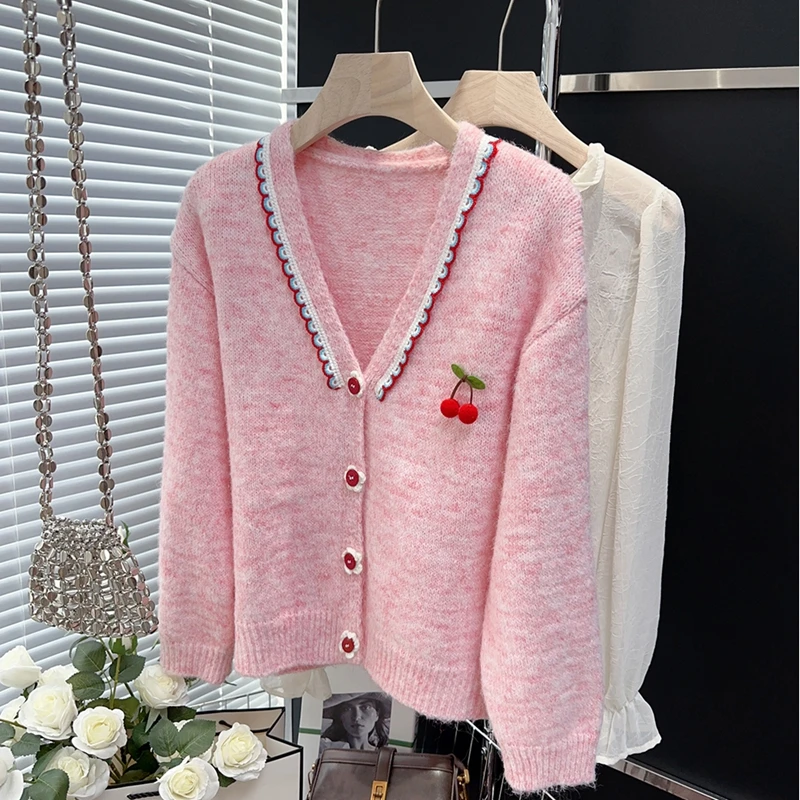 

Sweet Cherry Sweater Coat Women Autumn and Winter New Style Loose Short Knitted Cardigan