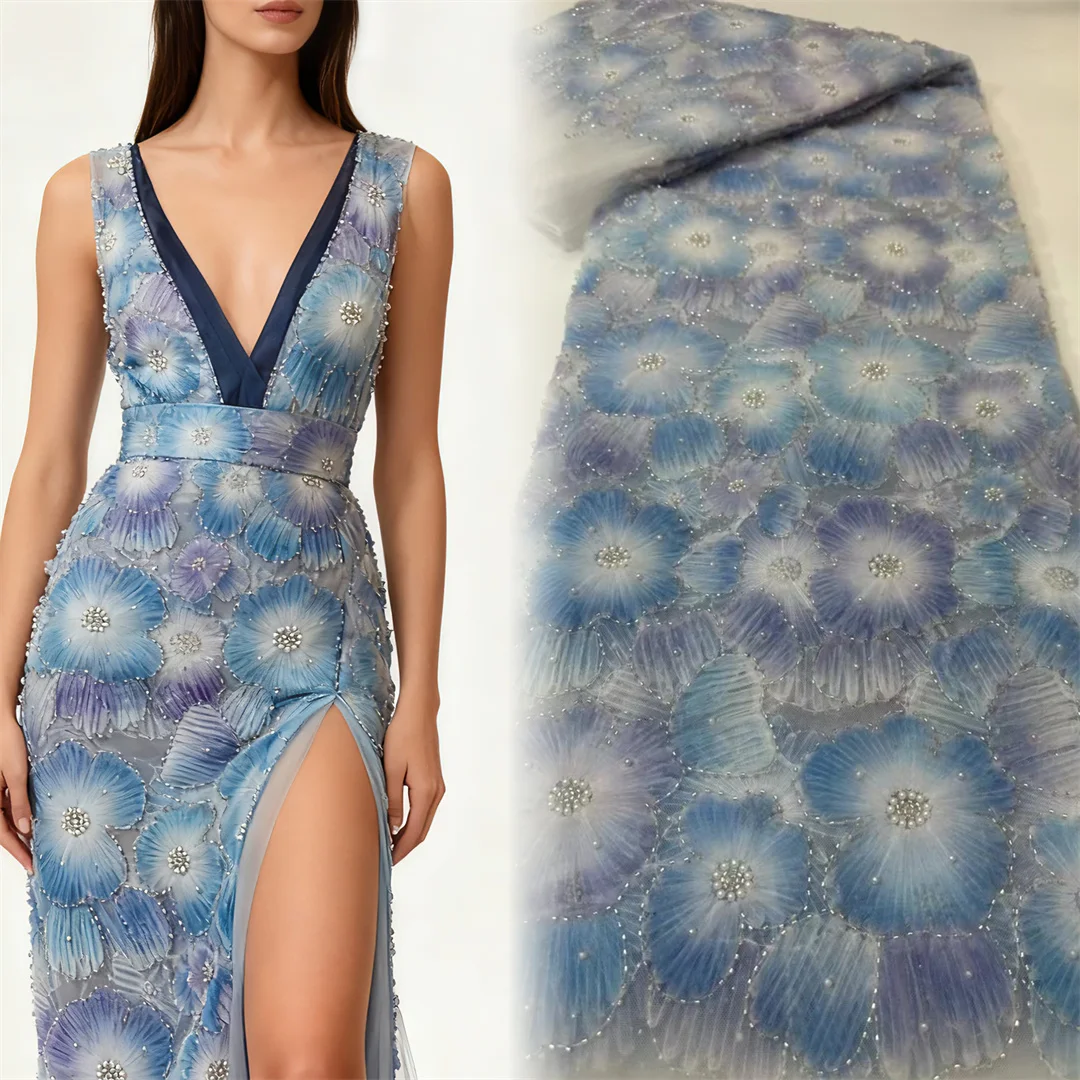 

Luxury Hand Beaded Lace Fabric Bridal Fabric High-end Wedding Fabrics French Nigerian Sequins Beads Embroidered Lace Fabric