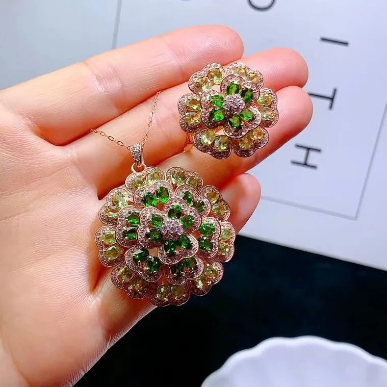 

Diopside & Peridot Jewelry Set Heavy Luxury Craft, S925 Silver Inlaid Green Gemstone Suite