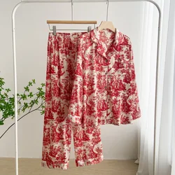 Print Flower Pajamas Set Spring Summer Satin Sleepwear Trouser Suit Fashion Sexy Female Loungewear Nightqwear Loose Home Wear