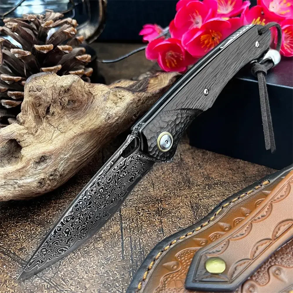 EDC جيب سكين للفرد دمشق الصلب مع مقبض خشب الجوز الأسود وغمد الجلود في الهواء الطلق التخييم المشي لمسافات طويلة سكينة تكتيكية #1