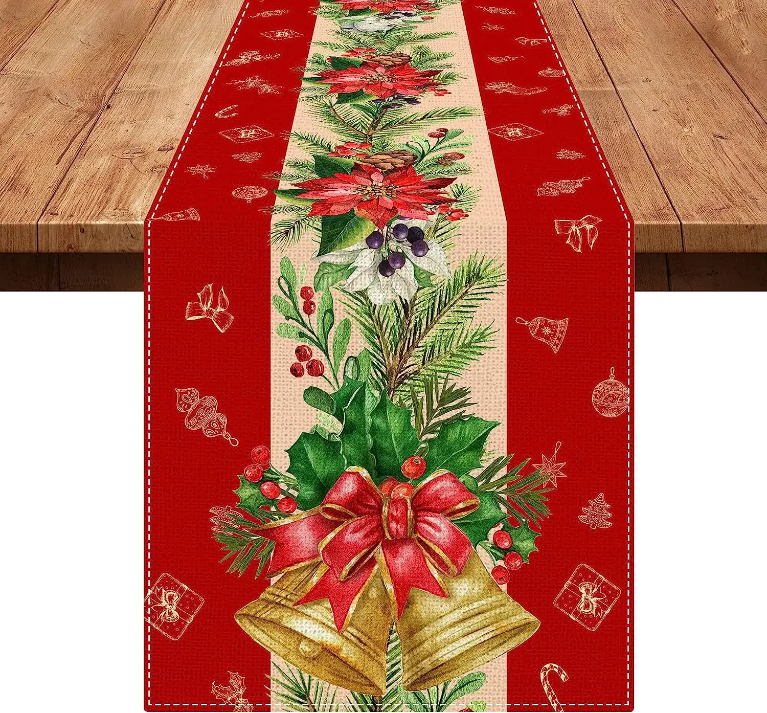 Winter Christmas Flowers Gold Bell Linen Table Runners Holiday Party Decor Farmhouse Dining Table Runners Christmas Decorations