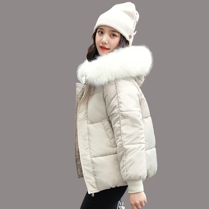 Women's Fashion Large Fur Collar Hooded Thick Cotton Down Thickened Jackets Winter Coats Solid Simple Parkas 2024 Female Outwear
