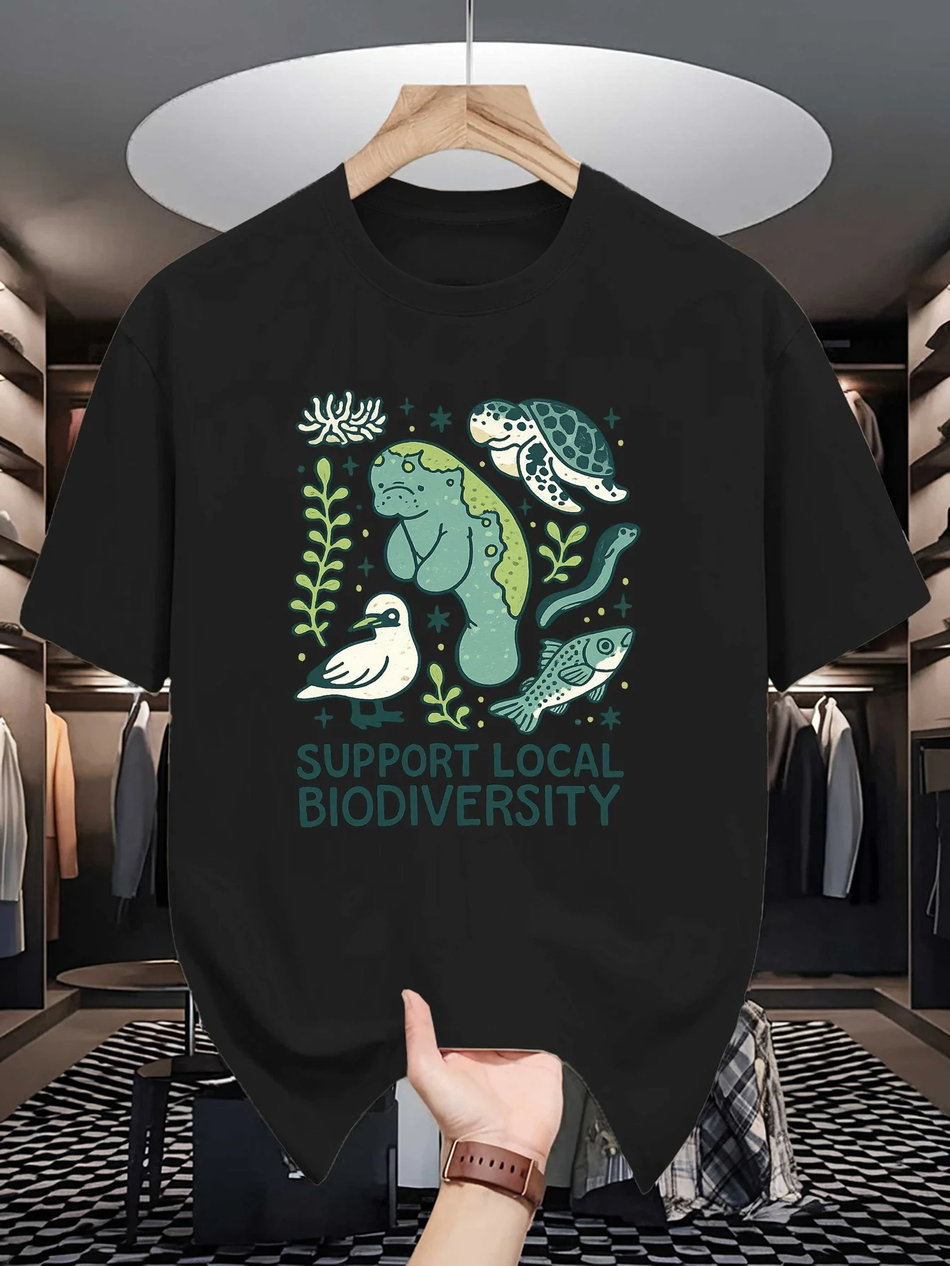Support Local Biodiversity Sea Animal Graphic Mens T Shirt Crew Neck Cotton Tee Ocean Wildlife Print Gift For Nature Lover Fans