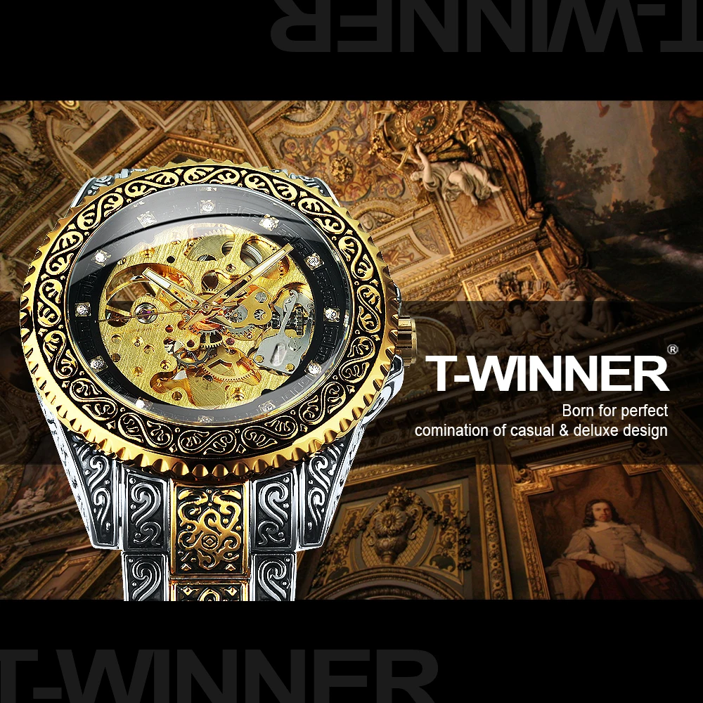 Retro Engraved Mechanical Watches Rotating Bezel Luminous Hands Automatic Watch for Men Luxury Stainless Steel Band WINNER Clock